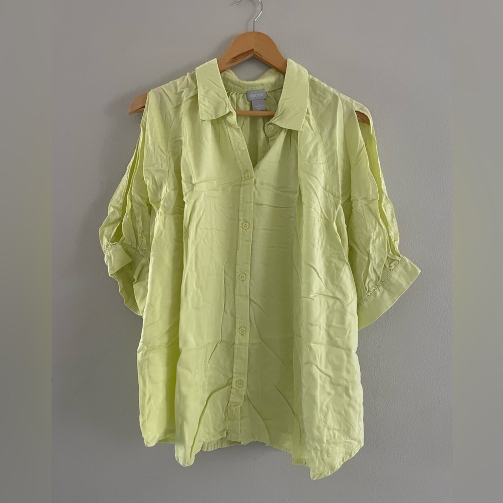 Chico's Pale Lime Button-Up Shirt with Cold Shoulder
